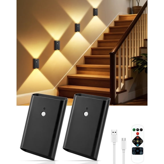 Rechargeable Motion Sensor Wall Sconce Set of 2 - 5000mAh Operated Wall Light Indoor, 3 Colors Up/Down Lighting Night Light with Remote Control for Bedroom, Hallway (Black)