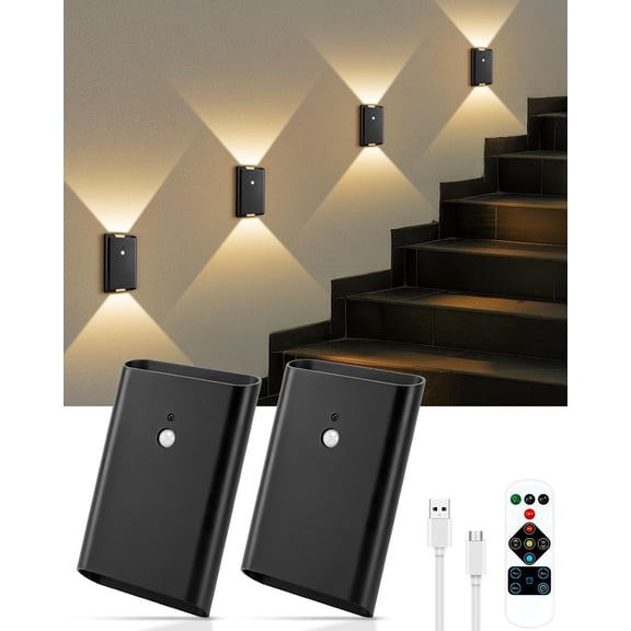 Rechargeable Motion Sensor Wall Sconce Set of 2  5000mAh Wireless Battery Operated Wall Light Indoor, 3 Colors Up/Down Lighting Magnetic Night Light with Remote Control for Bedroom, Hallway (Black)