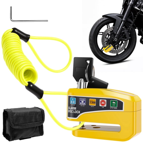 Alarm Disc Brake Lock 110dB Anti-Theft Motorcycle Wheel Lock with 1.2m Reminder Cable, Waterproof Heavy Duty Security Lock for Motorcycles, Scooters, E-Bikes and Bicycles, 2 Keys & 6 Batteries