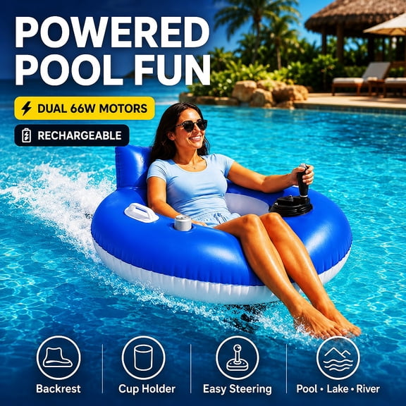 Rechargeable Motorized Pool Float, Inflatable Water Lounger with Backrest