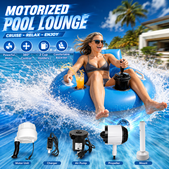 Rechargeable Motorized Pool Float for Adults with Cup Holder, Electric Inflatable Pool Tube with Backrest for Pool, Lake and Summer Water Activities