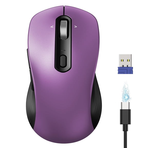 Rechargeable Mouse  [ Usb + Bt5.0 Bt3.0 ] Wireless 4-way Scroll Wheel Computer Mice 6-level 4800 Dpi Silent Multi-device For Computer/laptop/macbook -purple