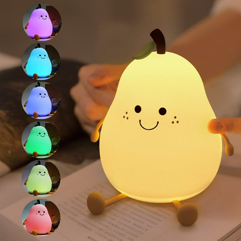 Rechargeable Night Light 7 Color Changing and Timer Kids Pear Night Light for Toddler Baby Christmas Gifts Portable LED Silicone Lamp for Nursery