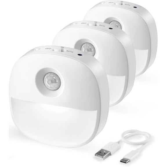 Rechargeable Night Light, Motion Sensor Battery Nightlights, Mini Stick-on LED Closet Light, 1-20LM Dimmable Brightness for Bedroom, Kitchen, Washroom, Stairs, Hallway, 3-Pack