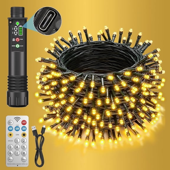 Rechargeable Operated String Lights with Remote, 33ft 100 LED Rechargeable Twinkle Lights , Christmas Light Outdoor Indoor for Tree Christmas Decor(Warm White)