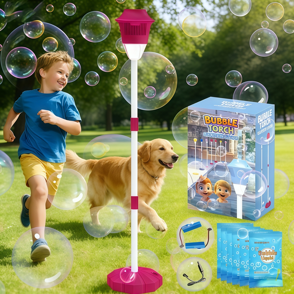 Rechargeable Outdoor Bubble Machine Tiki Torch - 48in Adjustable Height Stand, 10 Hole Bubble Blower for Wedding Birthday Party Garden Decor