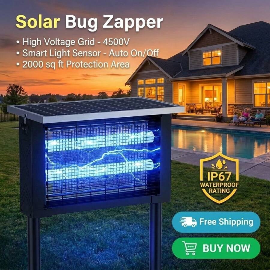 Rechargeable Outdoor Solar Bug Zapper with LED Night Light, Electric Insect Zapper for Patio, Backyard, and Garden Use