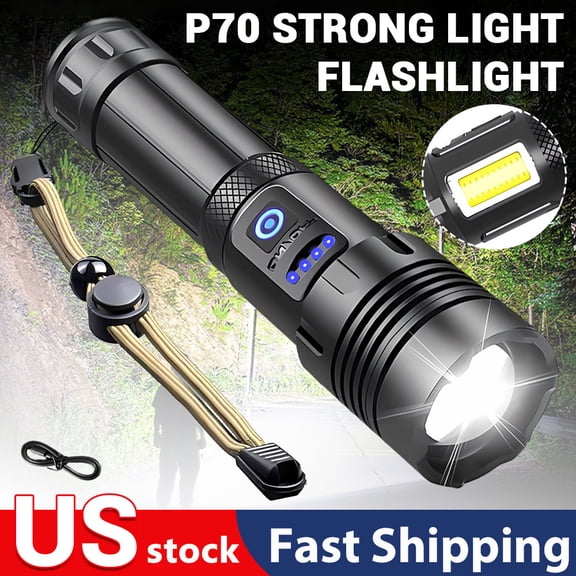 Rechargeable P70 Zoom LED Flashlight, Dual Head Spotlight Floodlight COB Side Light, Power Level Display Type-C USB Charging Portable Tactical Flashlight for Outdoor Emergency