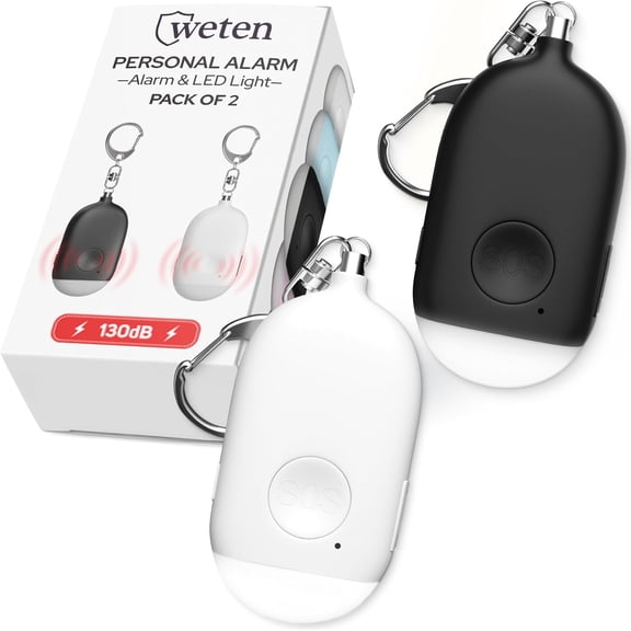 Rechargeable Personal Alarm Keychain - 130dB Siren & LED Light - 2 Pack Personal Safety Alert for Women to Carry - Panic Button Alarm for Security - Rape Whtle for Self Defense (Black&White)