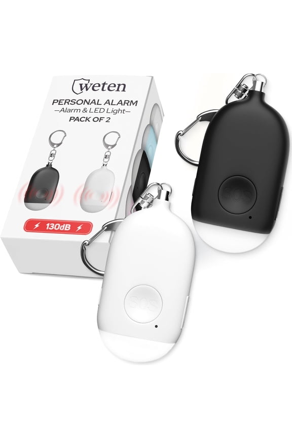 Rechargeable Personal Alarm Keychain - 130dB Siren & LED Light - 2 Pack Personal Safety Alert for Women to Carry - Panic Button Alarm for Security - Rape Whtle for Self Defense (Black&White)