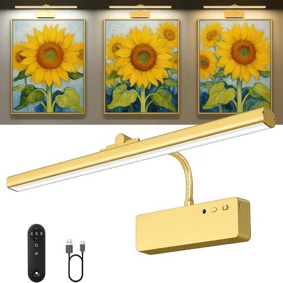 Rechargeable Picture Light with Remote, Dimmable Wireless Art Light for Paintings, 3 Color Temperatures & Timer, Golden LED Display Light for Framed Art, Wall Art, Gallery