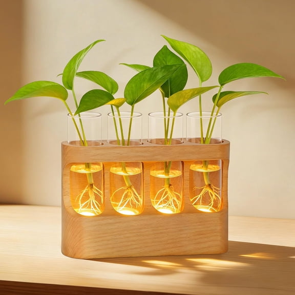 Rechargeable Plant Propagation Station with LED Light, Wooden Propagation Vase Set with Glass Tubes, Lighted Plant Terrarium for Indoor Plant Cuttings, Gift for Plant Lovers