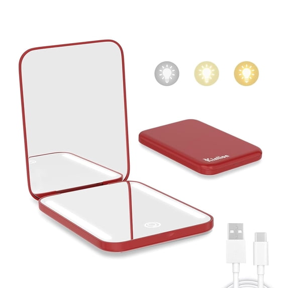 Rechargeable Pocket Mirror, Double Sided 1X/3X Magnification Compact Vanity Mirror, 3 Color Lights, Dimmable, Small Portable Wallet Mirror, Lighted Travel Mirror for Women Gifts, Wine Red
