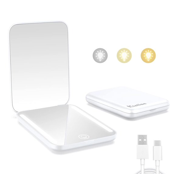 Rechargeable Pocket Mirror, Double Sided 1X/3X Magnification Compact Vanity Mirror, 3 Color Lights, Dimmable, Small Portable Wallet Mirror, Lighted Travel Mirror for Women Gifts, White