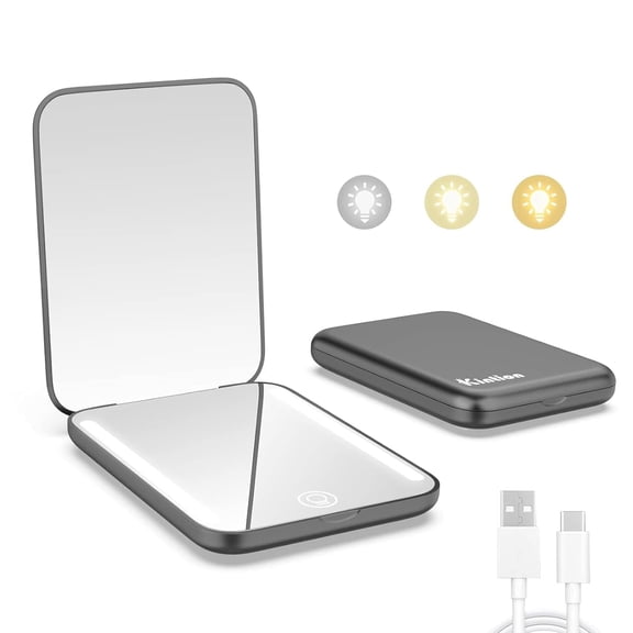 Rechargeable Pocket Mirror, Double Sided 1X/3X Magnification Compact Vanity Mirror, 3 Color Lights, Dimmable, Small Portable Wallet Mirror, Lighted Travel Mirror for Women Gifts, Black