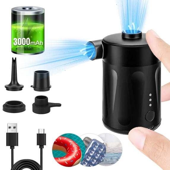 SkyAuks Electric Air Pump, Rechargeable Portable Pump for Inflatables Couch, Pool Floats, Blow up Pool Raft Bed Boat Toy, Wireless Quick-Fill AC Inflator Deflator with 3 Nozzles, One Size, Black