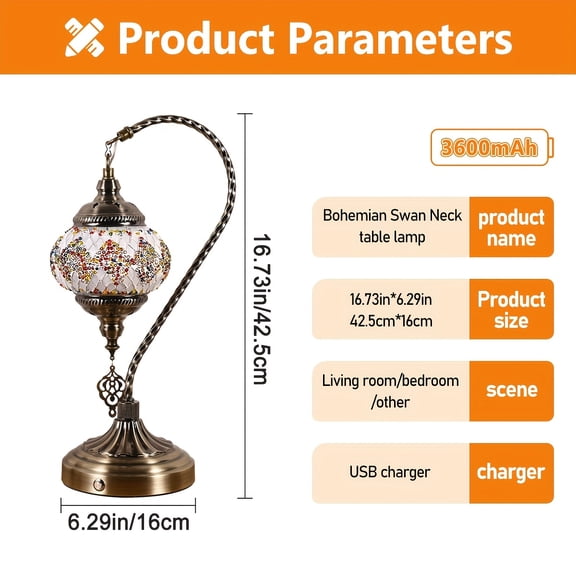 Rechargeable Portable Desk Lamp Turkish Moroccan Mosaic Glass Night Light Metal Base 3600mAh Battery Handcrafted Swan-Neck 3 Color Changing Home Decor