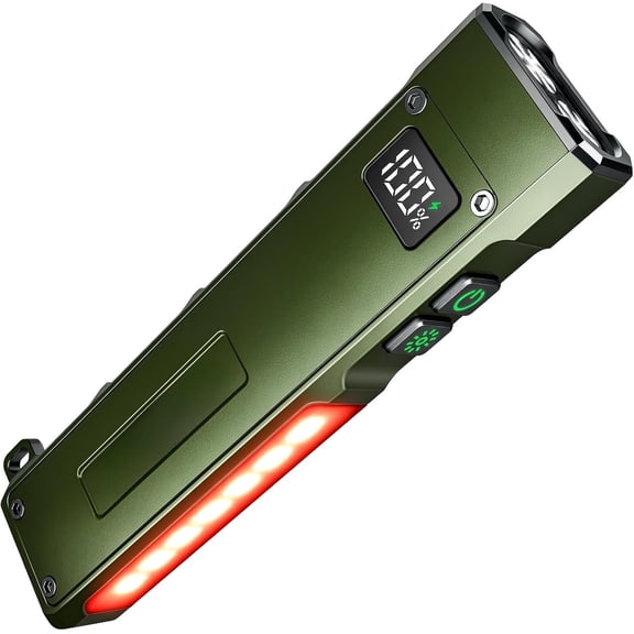 Rechargeable Portable EDC Flashlight,LED 1800 Lumen Alloy, Base,UV Light,IPX4 ,Digital Display,Side Light and Red Flash for Night Walks,Repairs & ,Green