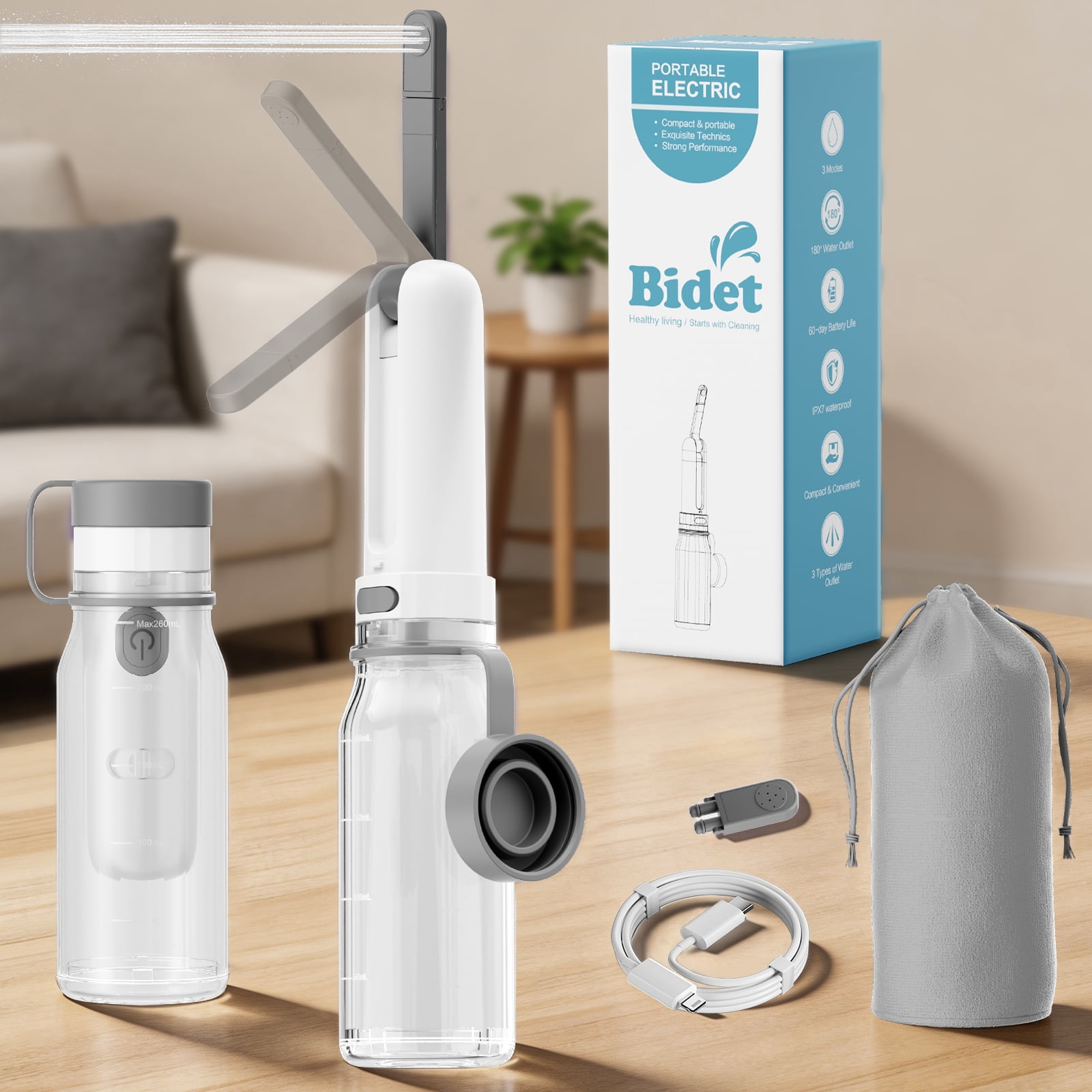 Rechargeable Portable Electric Bidet with 260ML Reservoir and 9 Cleaning Modes (White & Gray)