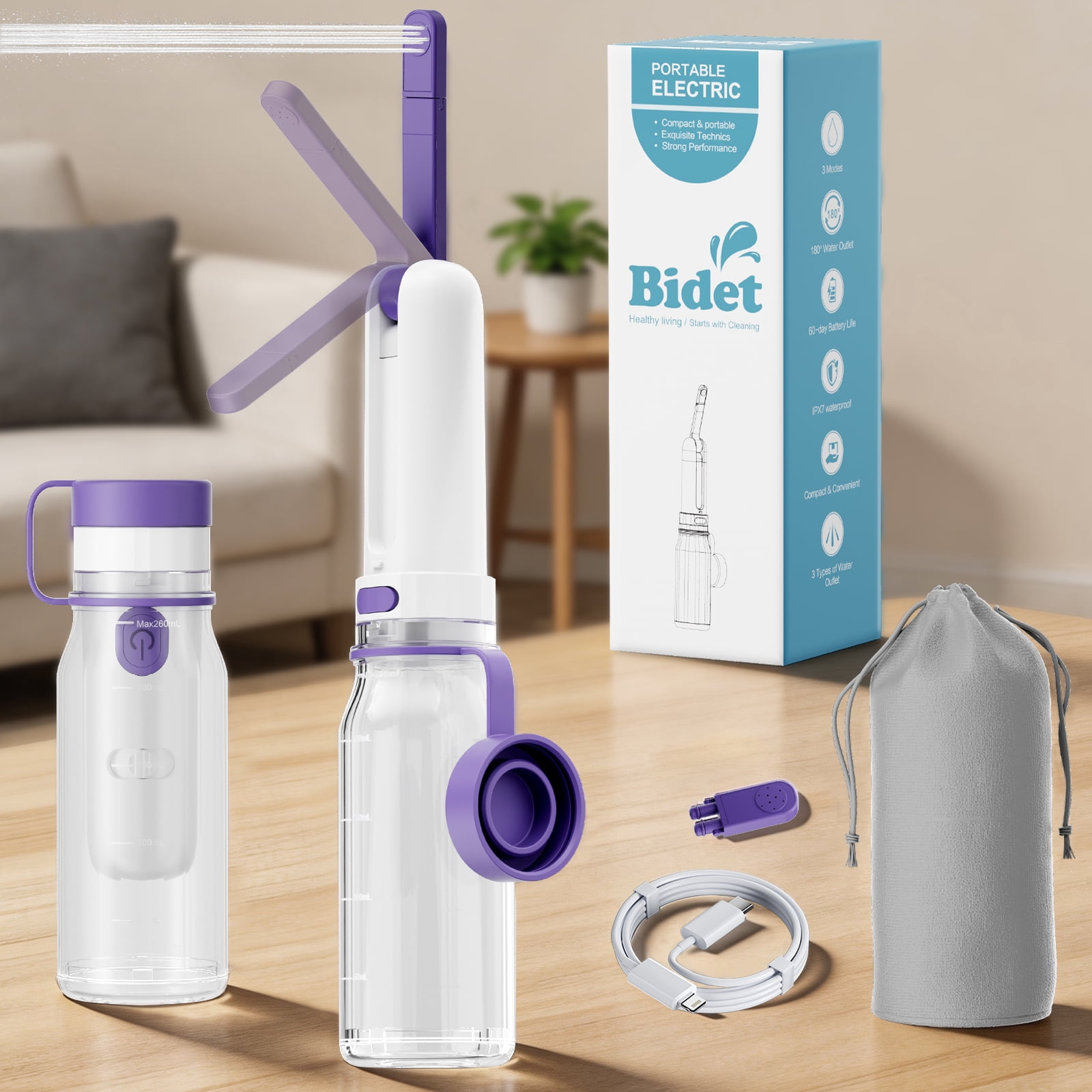 Rechargeable Portable Electric Bidet with 260ML Reservoir and 9 Cleaning Modes (White & Purple)