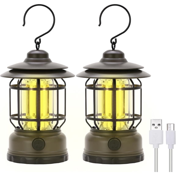 Rechargeable Portable LED Camping Lanterns, Vintage Style | Green, 2 Pack