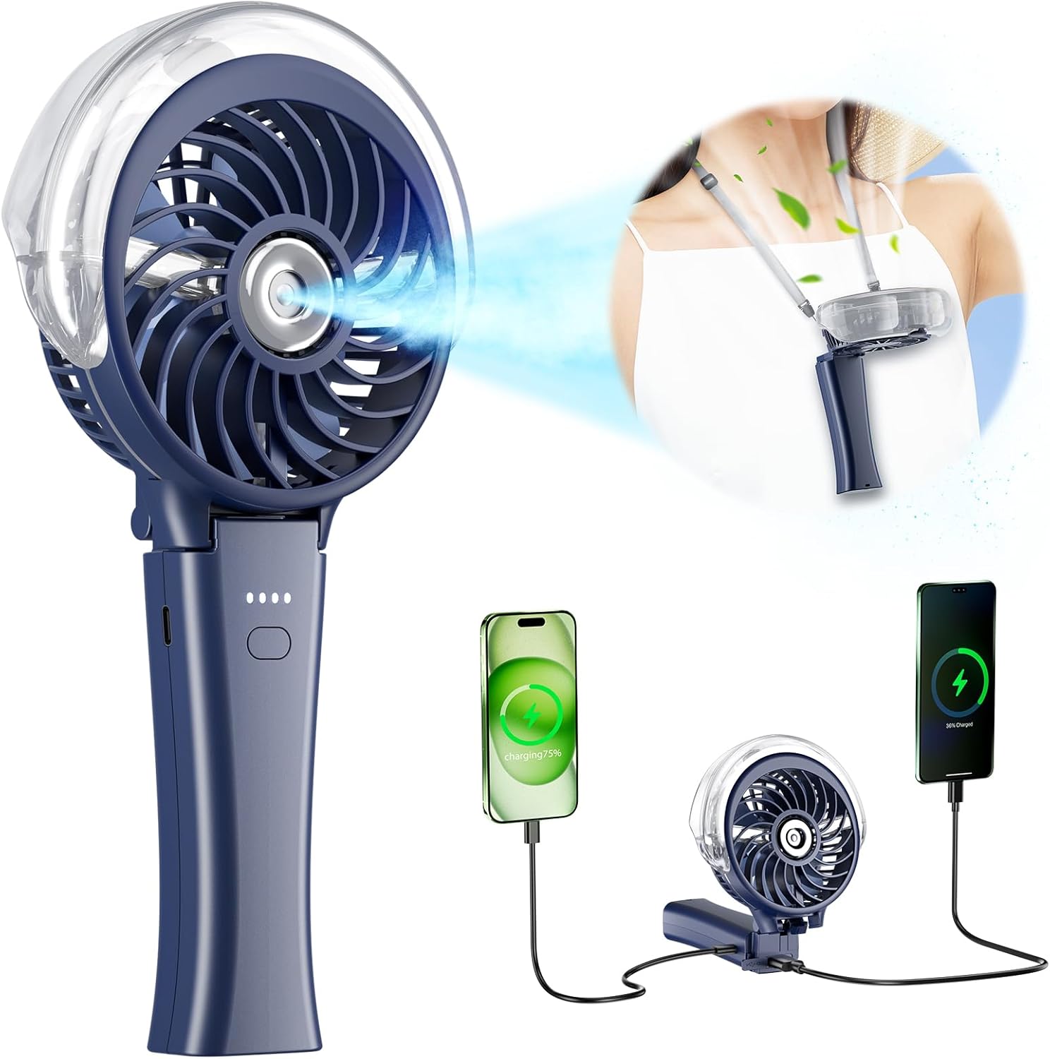 Rechargeable Portable Mist Fan 4000mAh with Charger, Personal Handheld Fan, Battery Operated Foldable Electric Fan for Beach, Travel, Outdoor (Royal Blue)