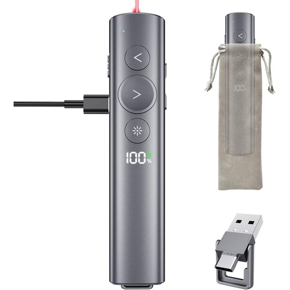 Rechargeable Presentation Clicker with Red Laser Pointer for PowerPoint, Power Display Wireless Presenter Remote with USB-A & USB-C Dongle, Slide Advancer for Mac, Windows, Laptop, Classroom, Office