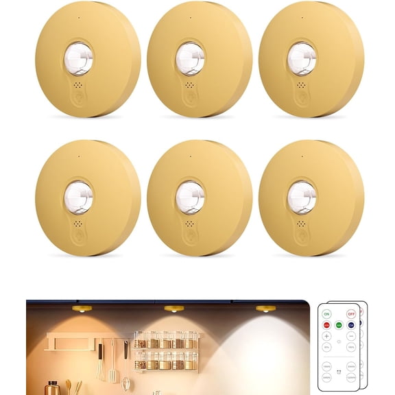 Rechargeable Puck Lights, 6-Pack LED Tap Lights with Remote, 1500mAh Battery, Dimmer & Timer, Wireless Stick-On Under Cabinet for Closet, Bedroom, Kitchen, Gold 6Pcs