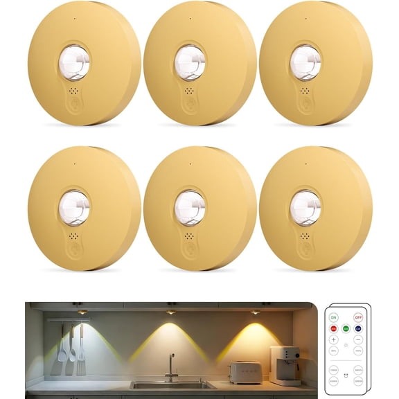 Rechargeable Puck Lights, 6-Pack LED Tap Lights with Remote, 1500mAh Battery, Dimmer & Timer, Wireless Stick-On Under Cabinet Lights for Closet, Bedroom, Kitchen, Gold 6Pcs