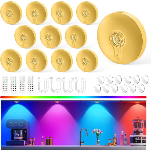 Rechargeable Puck Lights with Remote, 12 Pack  Under Cabinet Lighting, 1500mAh  Operated LED Tap Lights with Dimmer & Timmer for Kitchen, Closet, Shelf - 3 Color Temps & 12 RGB,