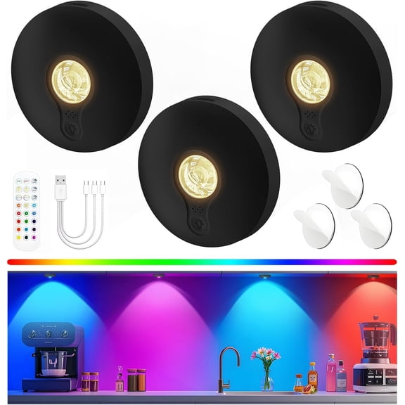 Rechargeable Puck Lights with Remote, 3 Pack Under Cabinet Lighting, 1500mAh Operated LED Tap Lights with Dimmer & Timmer for Kitchen, Closet, Shelf - 3 Color Temps & 12 RGB, Black
