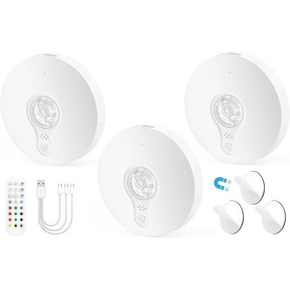 Rechargeable Puck Lights with Remote, 3 Pack  Under Cabinet Lighting, 1500mAh  Operated LED Tap Lights with Dimmer & Timmer for Kitchen, Closet, Shelf - 3 Color Temps & 12 RGB, White