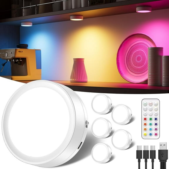 Rechargeable Puck Lights with Remote Control, 2400mAh Battery Operated Tap Light LED Stick On Lights for Closet Magnetic Night Light USB Display Shelf Lights Kitchen Under Cabinet Lighting Wireless