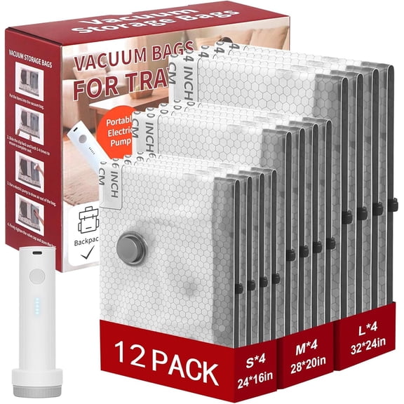 Rechargeable Pump Travel Storage Bags Set, 12 Combo (4S/4M/4L) Portable Space Saver Bags for Travel & , Vacuum Compression Packing Seal for Clothes, Blankets, Seasonal Storage