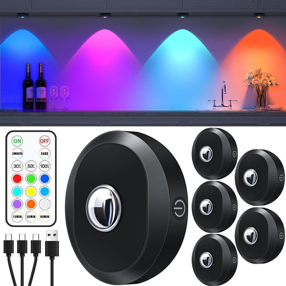 Rechargeable RGB Puck Lights with Remote Control, 1200mAh Battery Operated Tap Lights, Dimmable Touch Under Cabinet Lighting, Wireless Push Light, LED USB Shelf Light (6 Pack)