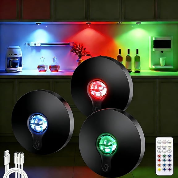 Rechargeable RGB Puck Lights with Remote Control, Under Cabinet Lighting,13 Color Changing Lights with Dimmer, Timer,2000mAh Operated Tap Lights for Kitchen, Shelf, Decor