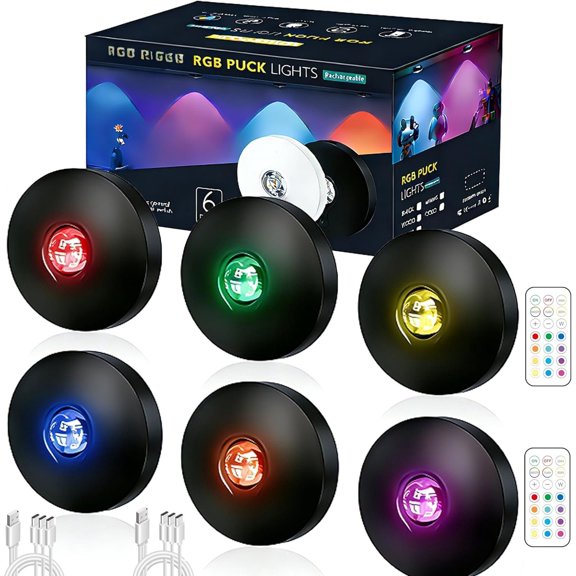 Rechargeable RGB Puck Lights with Remote Control,  Under Cabinet Lighting,13 Color Changing Lights with Dimmer, Timer,2000mAh  Operated Tap Lights for Kitchen, Shelf, Decor