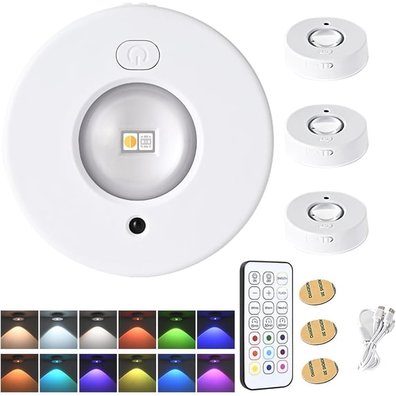 Rechargeable RGB Puck Lights with Remote Control, 500mAh Battery Operated Tap Lights, Dimmable Touch Under Cabinet Lighting, LED USB Shelf Light