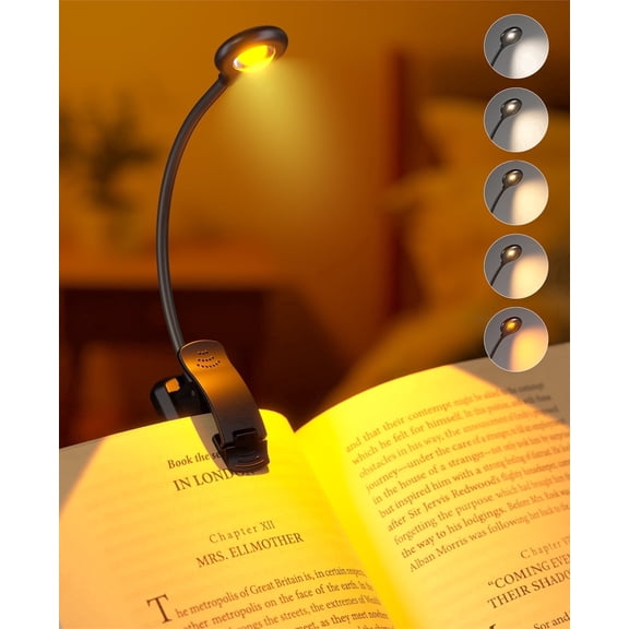 Rechargeable Reading Light with 5 Color Temperatures & Stepless Dimming, Lightweight Flexible Clip on Reading Lights for Books in Bed, Black