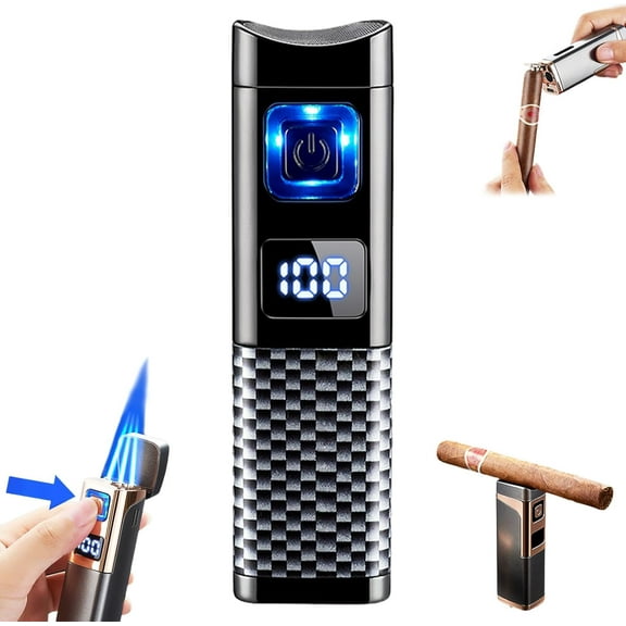 Rechargeable & Refillable Cigar Torch Lighter with LED Display, All-in-1 Cigar Lighter Built-in Cigar Holder Cigar Punch, Adjustable Triple Jet Flame, Cool Cigar Accessories Gift for Man