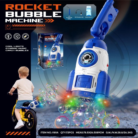 Rechargeable Rocket Style Bubble Machine for Kids, Bicycle Rear Seat Bubble Maker, Remote Control Automatic Bubble Blower