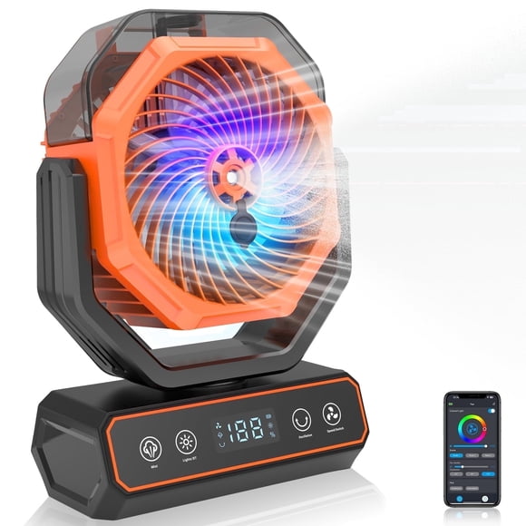 Rechargeable Rotating Misting Fan with App Control - Long Runtime Camping Fan with 360mL Water Tank, RGB Color Changing Lights, USB Charger Output and Hanging Hook for Patio, Tent, Garden, Bedroom an