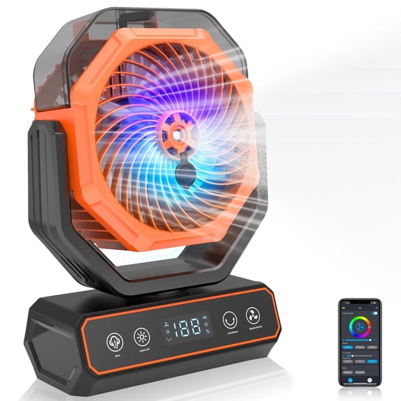 Rechargeable Rotating Misting Fan with App Control - Long Runtime Camping Fan with 360mL Water Tank, RGB Color Changing Lights, USB Charger Output and Hanging Hook for Patio, Tent, Garden, Bedroom an