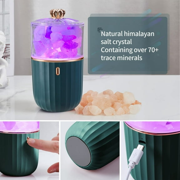 Rechargeable Salt Lamp - Himalayan Salt Lamp 2 in 1 Crystal Salt Lamp Essential Oil Diffuser, 7-Color Light Salt Lamp Night Light for Living Room, Bedroom, Green