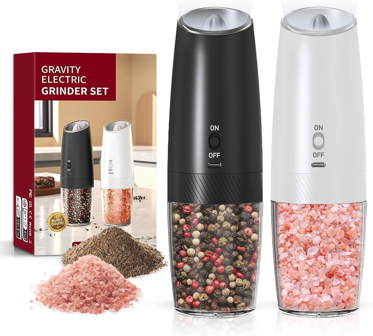 Rechargeable Salt And Pepper Grinder Set with LED Light, Automatic ...