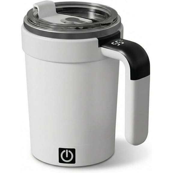 Rechargeable Self-Stirring Coffee Mug with Lid & Temperature Display - Portable Magnetic Auto-Stir Tumbler, Cool Office/Travel Gift for Coworkers (White)(XX)
