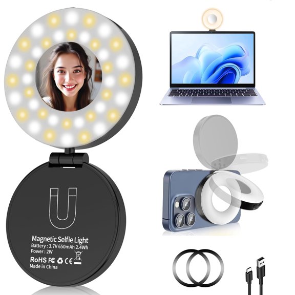 Rechargeable Selfie Light with Magnetic Base 4 Lighting Modes Portable Phone Ring Light for iPhone Video Recording Makeup TikTok Vlogs Black