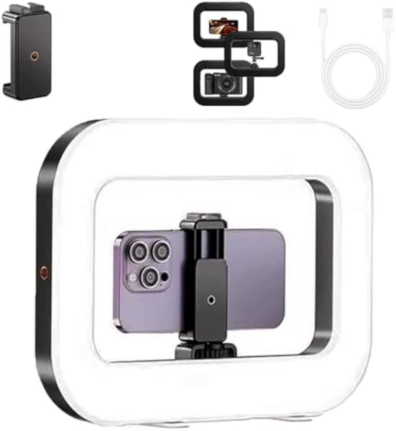 Rechargeable Selfie Portable Ring Light – Adjustable Bicolor Fill Light, Cordless Square Design, LED Ring Light, 4400mah Built-in Battery with 85in Extendable Tripod Stand & Phone Holder (Base)