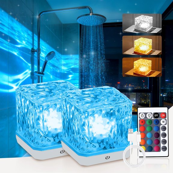 Rechargeable Shower Light No Wiring, 16Color Dimmable Waterproof Shower Lamp with Remote, Changeable Ocean Wave Projector Light, Rotating Flame Water Ripple Lamp for Shower (3 color*2)