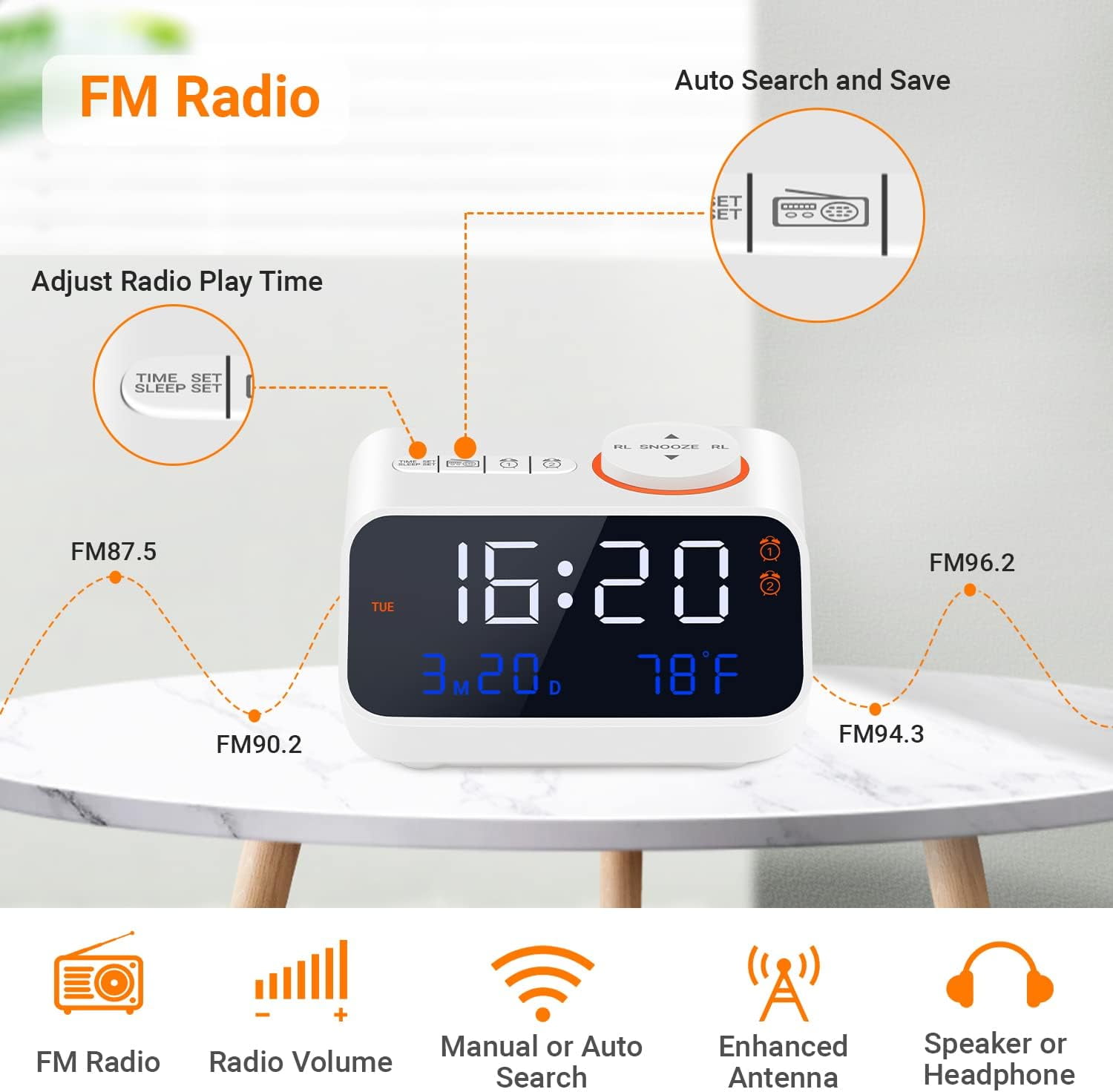 Rechargeable Small Battery Operated Digital Alarm Clock With Radio And